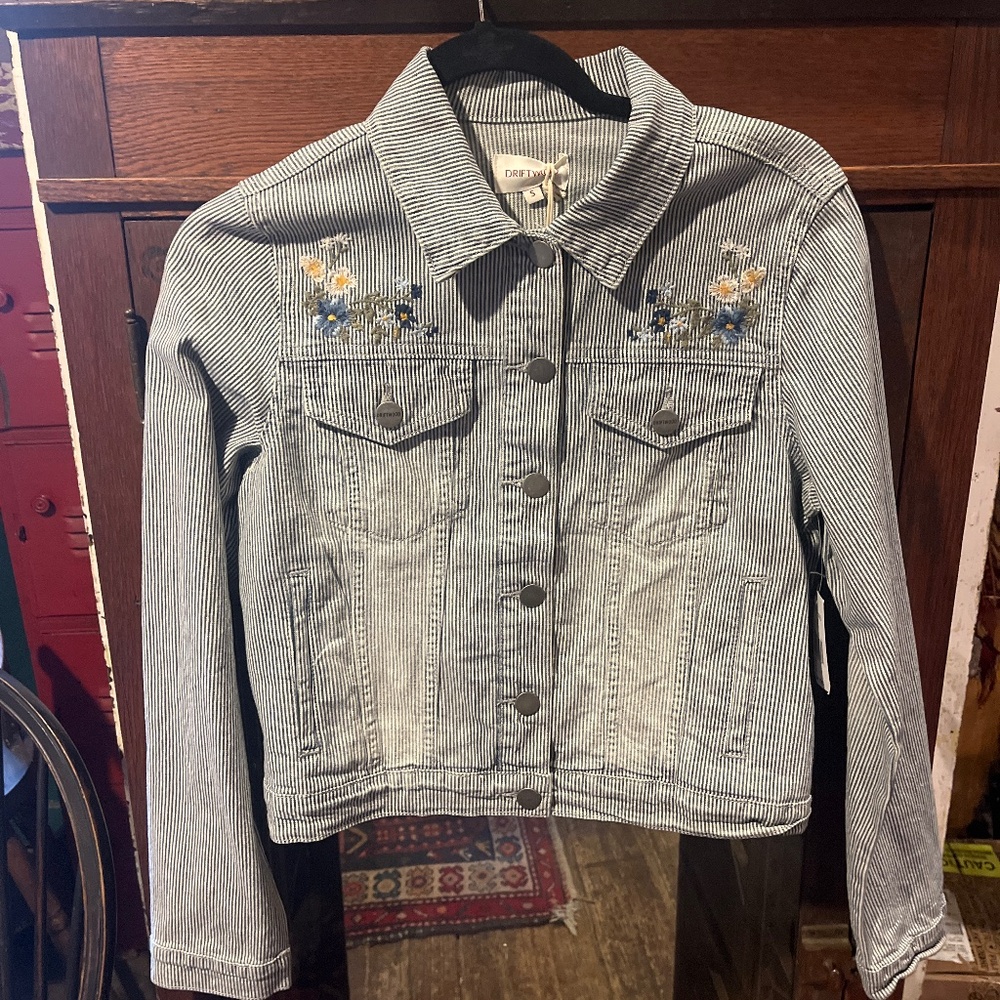 Driftwood striped blue and white jean jacket with floral embroidery, small